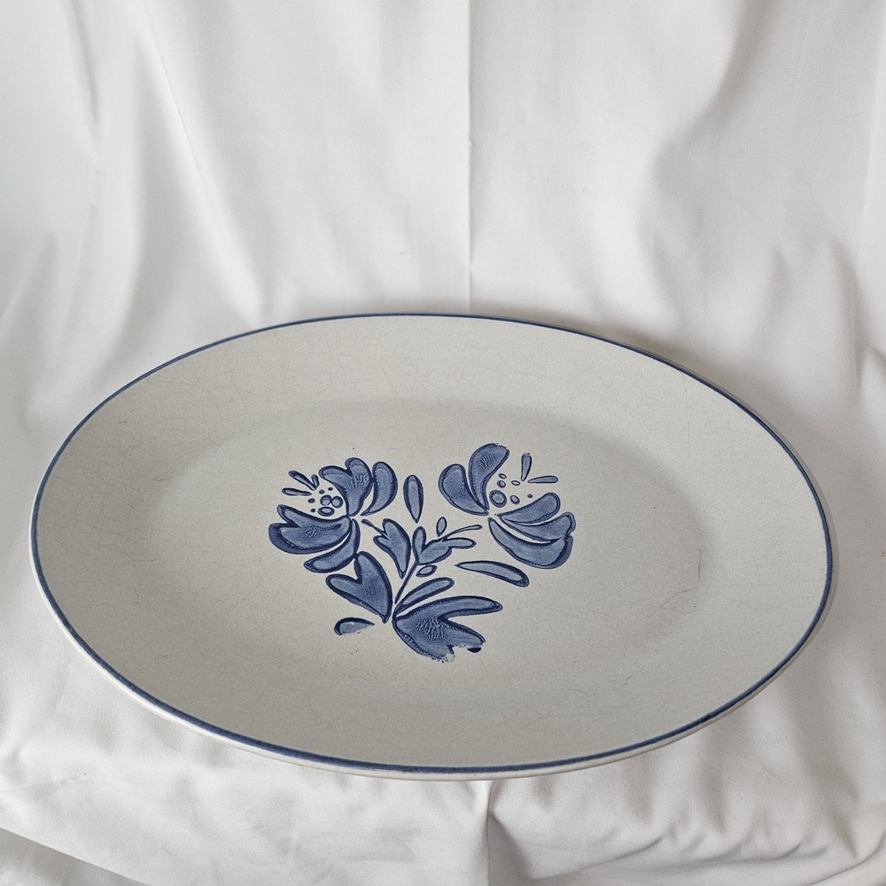 Pfaltzgraff Yorktowne 14" Oval Serving Platter – Blue Floral Stoneware USA